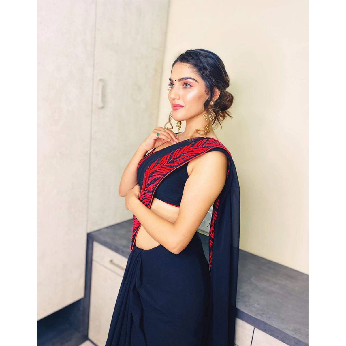 Shopesy Georgette Saree with Beautiful Embroidery with Swarovski Work and Silk Blouse for Wedding