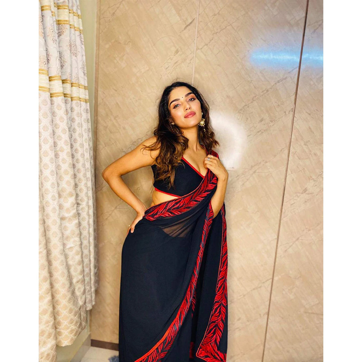 Shopesy Georgette Saree with Beautiful Embroidery with Swarovski Work and Silk Blouse for Wedding