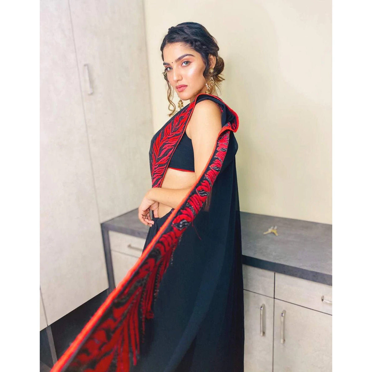 Shopesy Georgette Saree with Beautiful Embroidery with Swarovski Work and Silk Blouse for Wedding