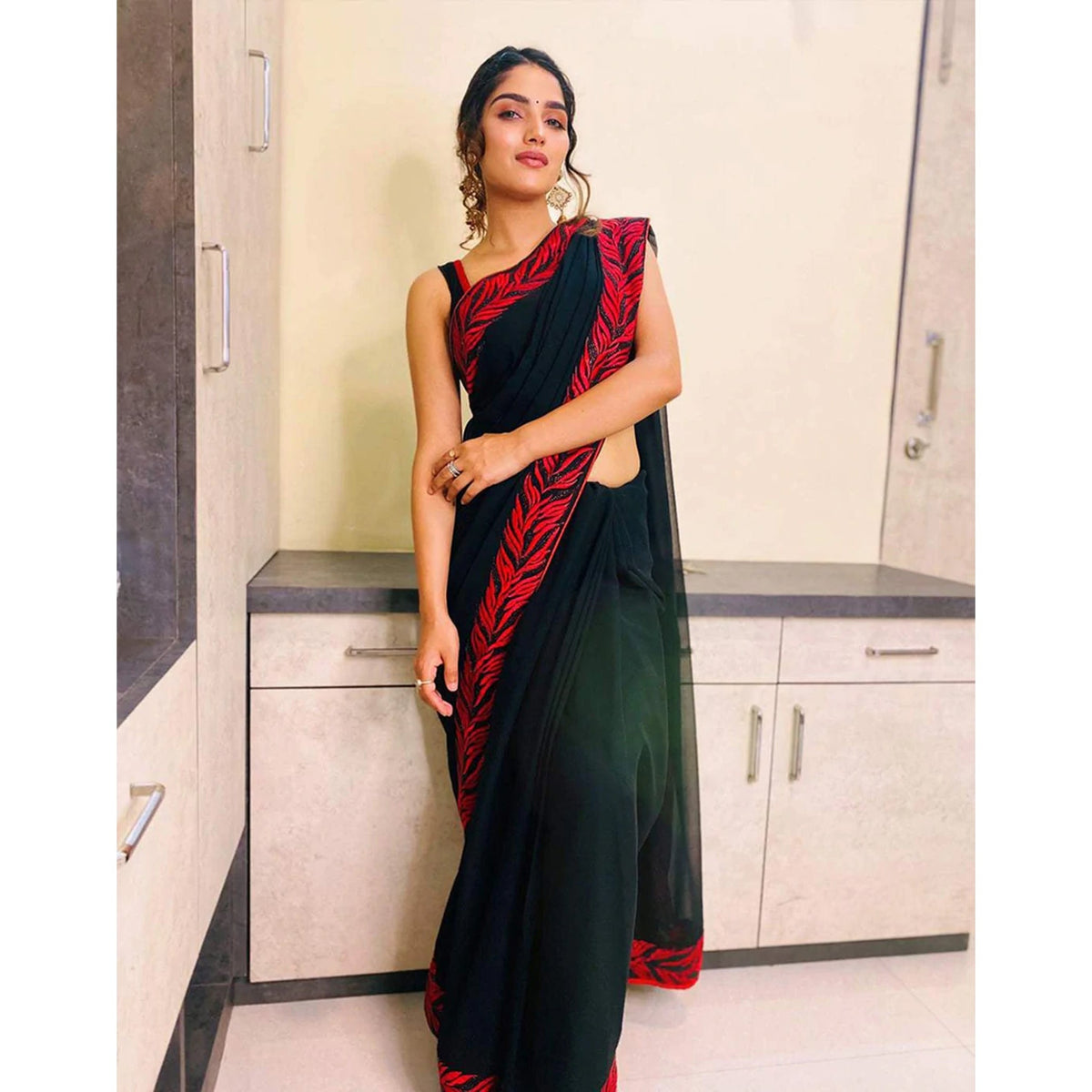 Shopesy Georgette Saree with Beautiful Embroidery with Swarovski Work and Silk Blouse for Wedding