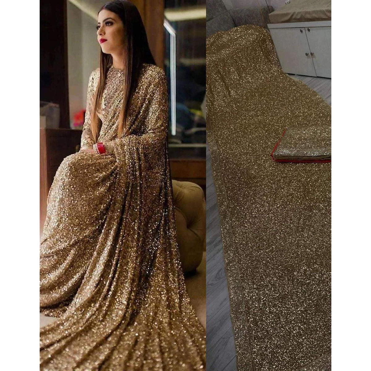 Shopesy Gold Color Shimmer Party Wear Glitter Sequence Saree for Wedding