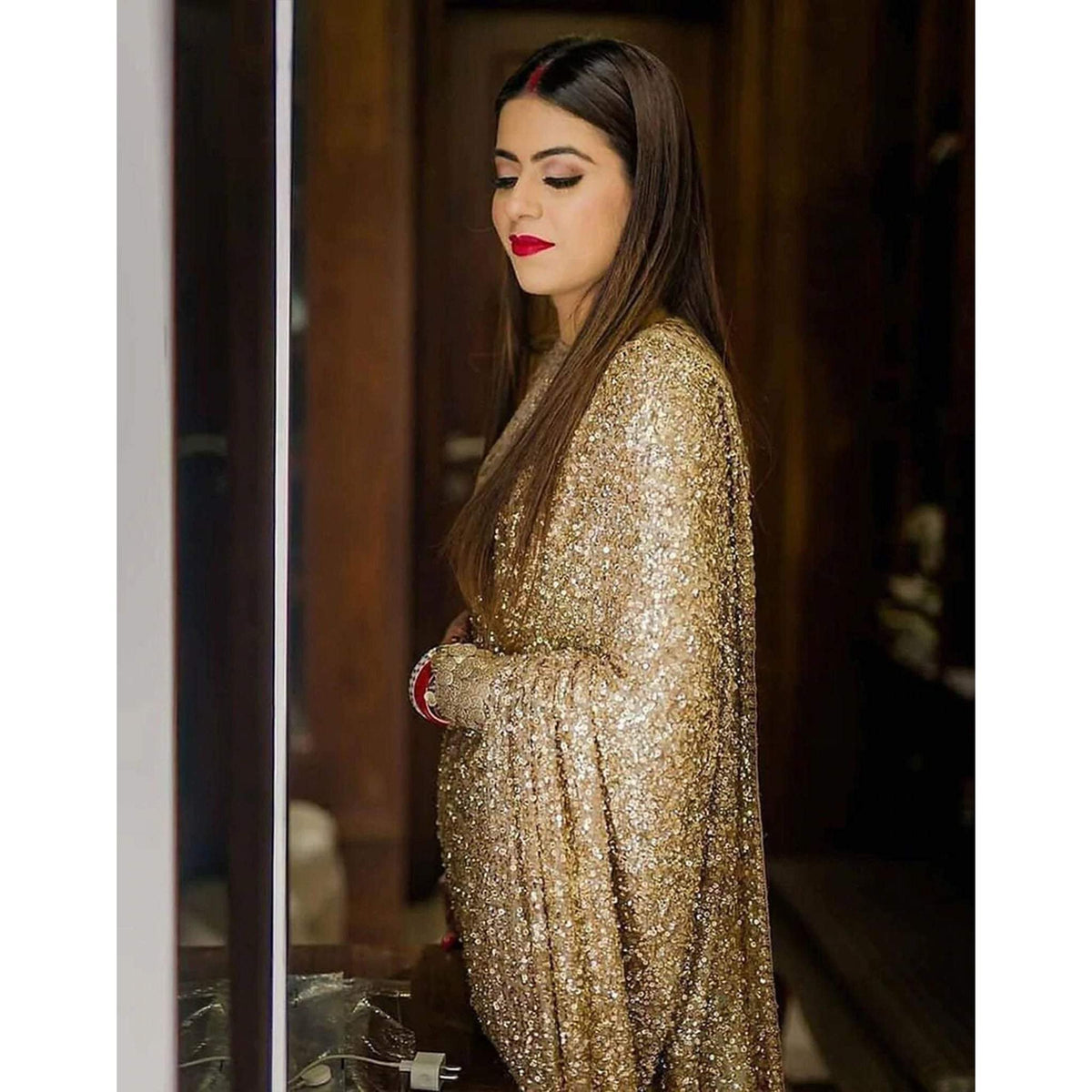 Shopesy Gold Color Shimmer Party Wear Glitter Sequence Saree for Wedding