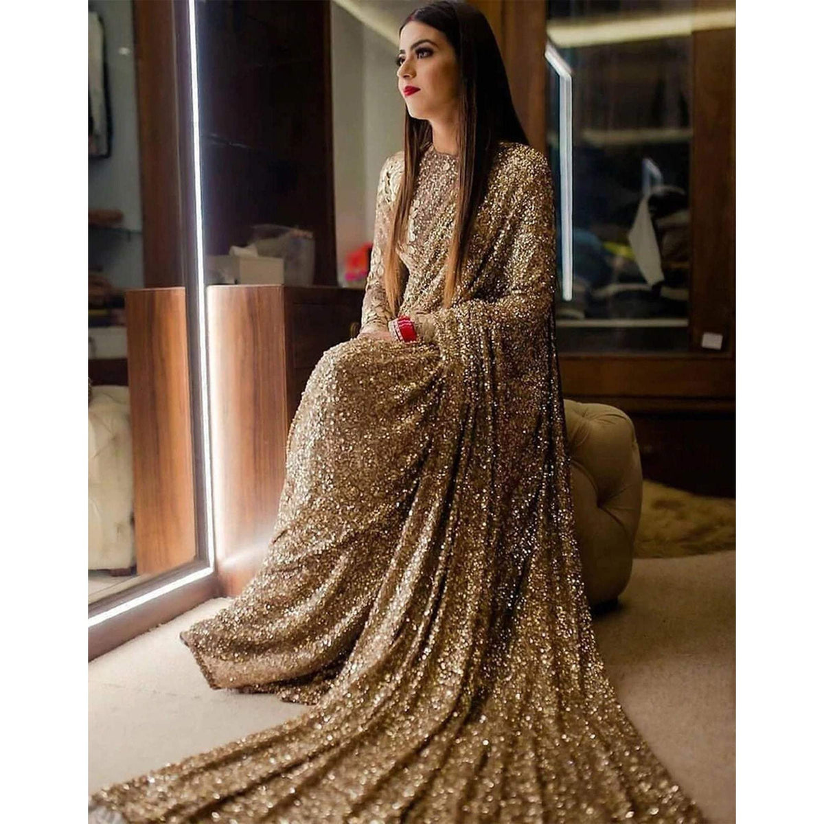 Shopesy Gold Color Shimmer Party Wear Glitter Sequence Saree for Wedding