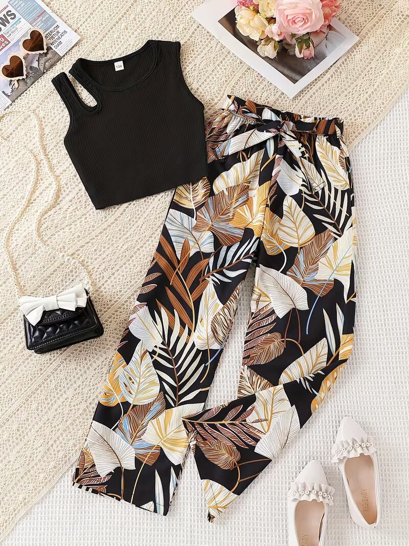 Shopesy Girls Black Ribbed Sleeveless Crop Top & Tropical Leaf Print Pants Set