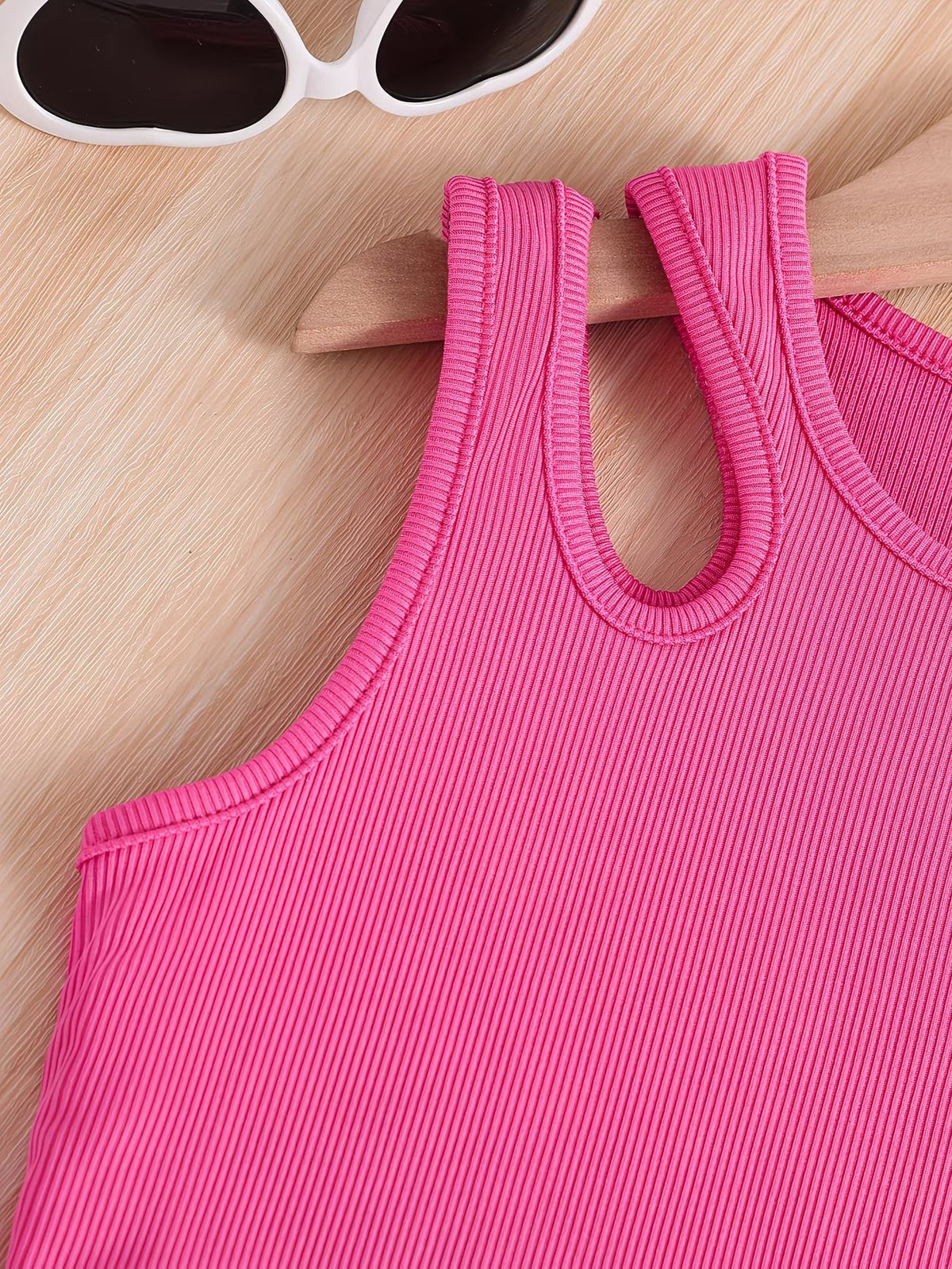 Shopesy Girls Pink Ribbed Sleeveless Crop Top & Tropical Leaf Print Pants Set