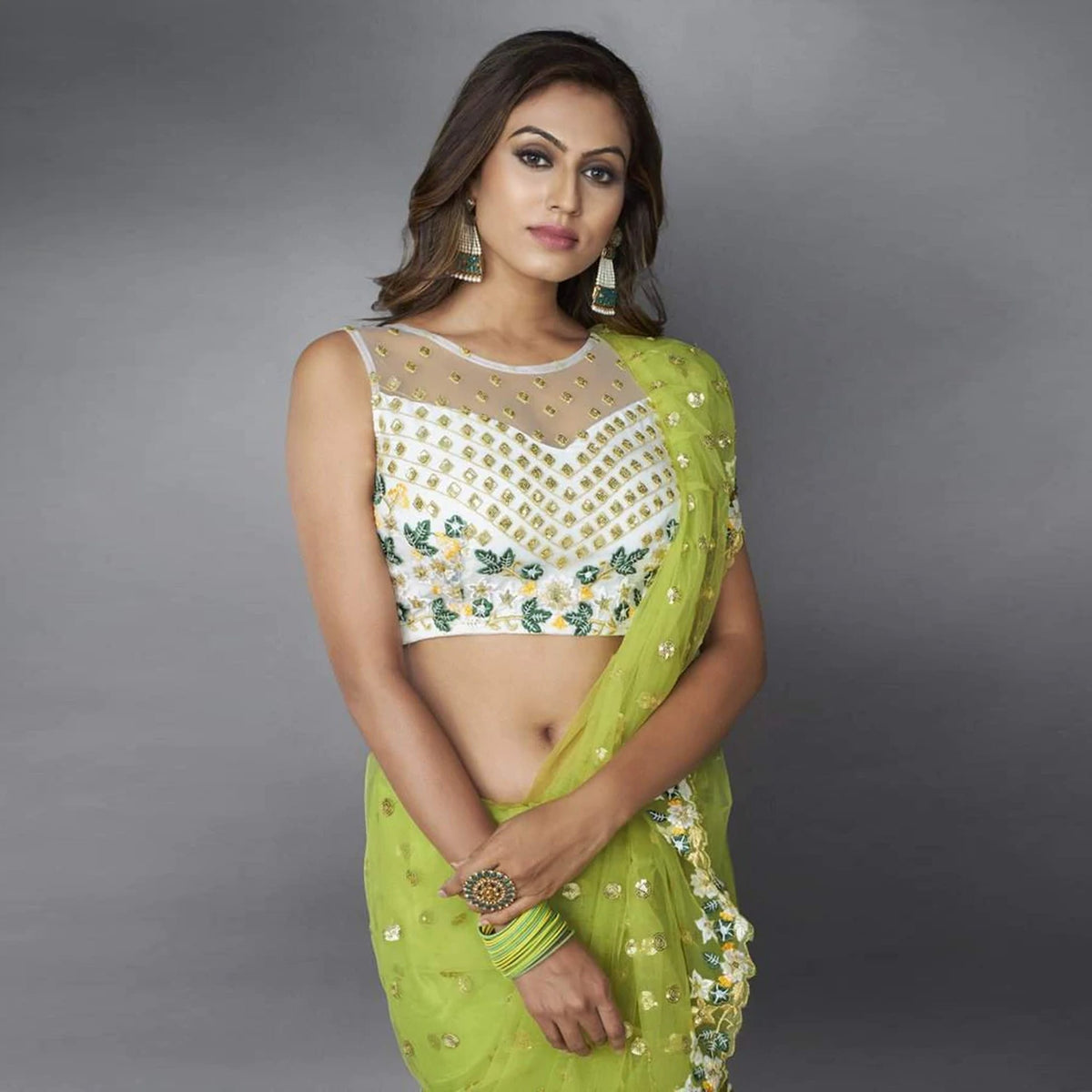 Shopesy Green Ruffle Saree in Soft Net Fabrics with Embroidery Work
