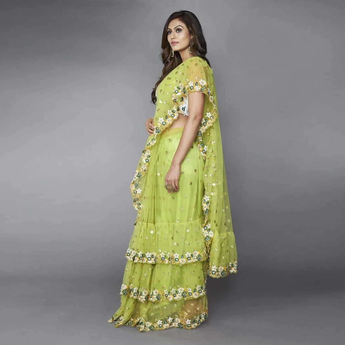 Shopesy Green Ruffle Saree in Soft Net Fabrics with Embroidery Work