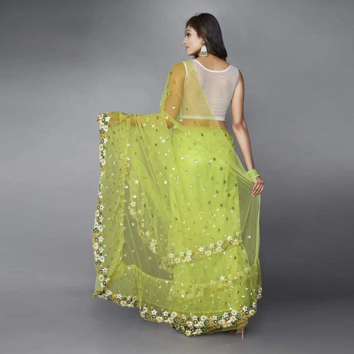 Shopesy Green Ruffle Saree in Soft Net Fabrics with Embroidery Work
