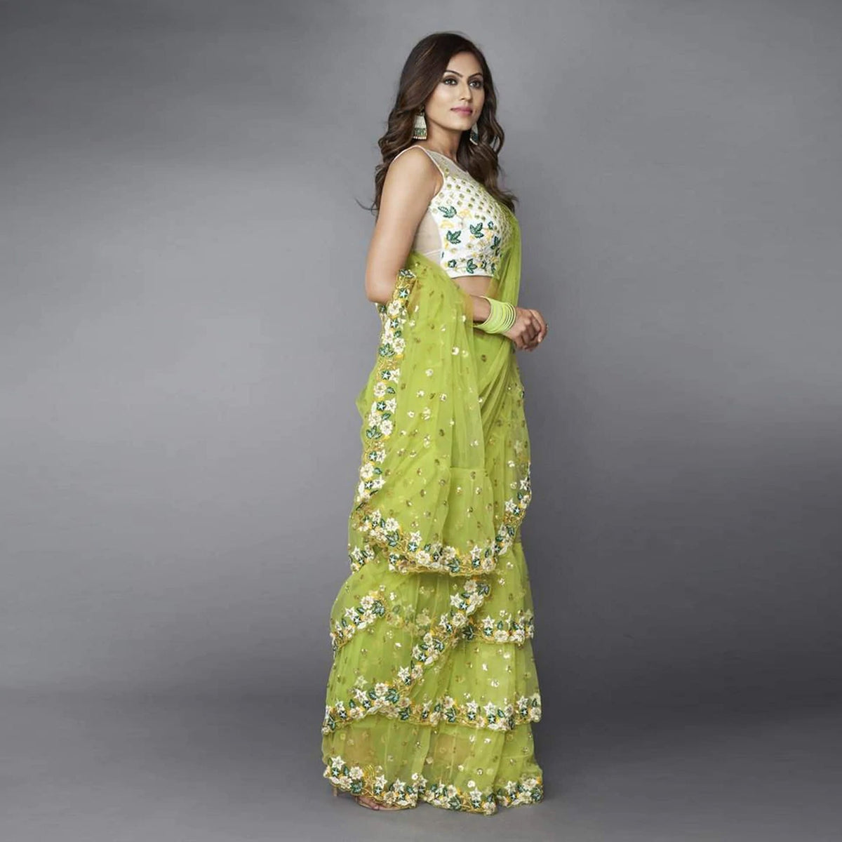 Shopesy Green Ruffle Saree in Soft Net Fabrics with Embroidery Work