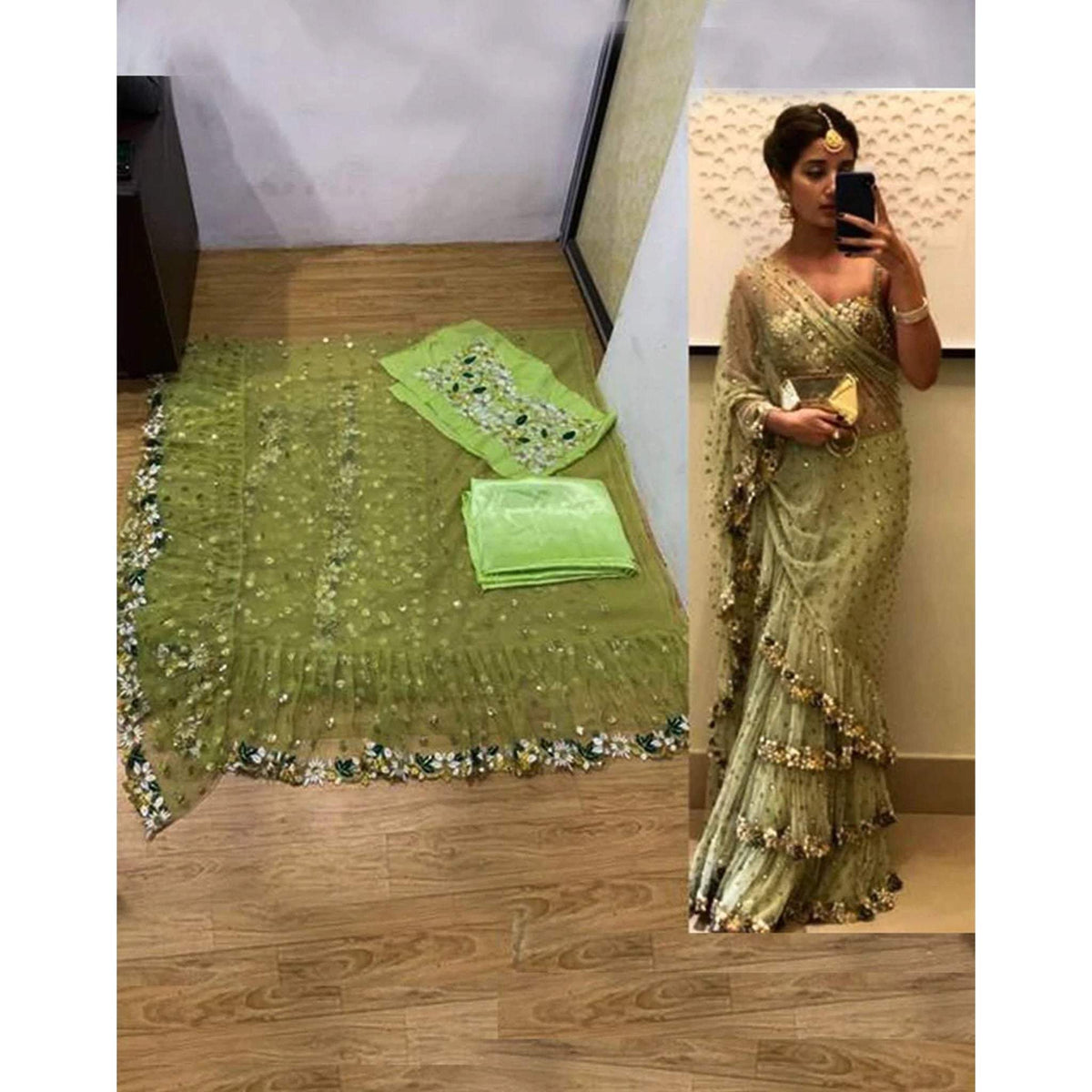 Shopesy Green Ruffle Saree with Heavy Embroidery Work for Wedding