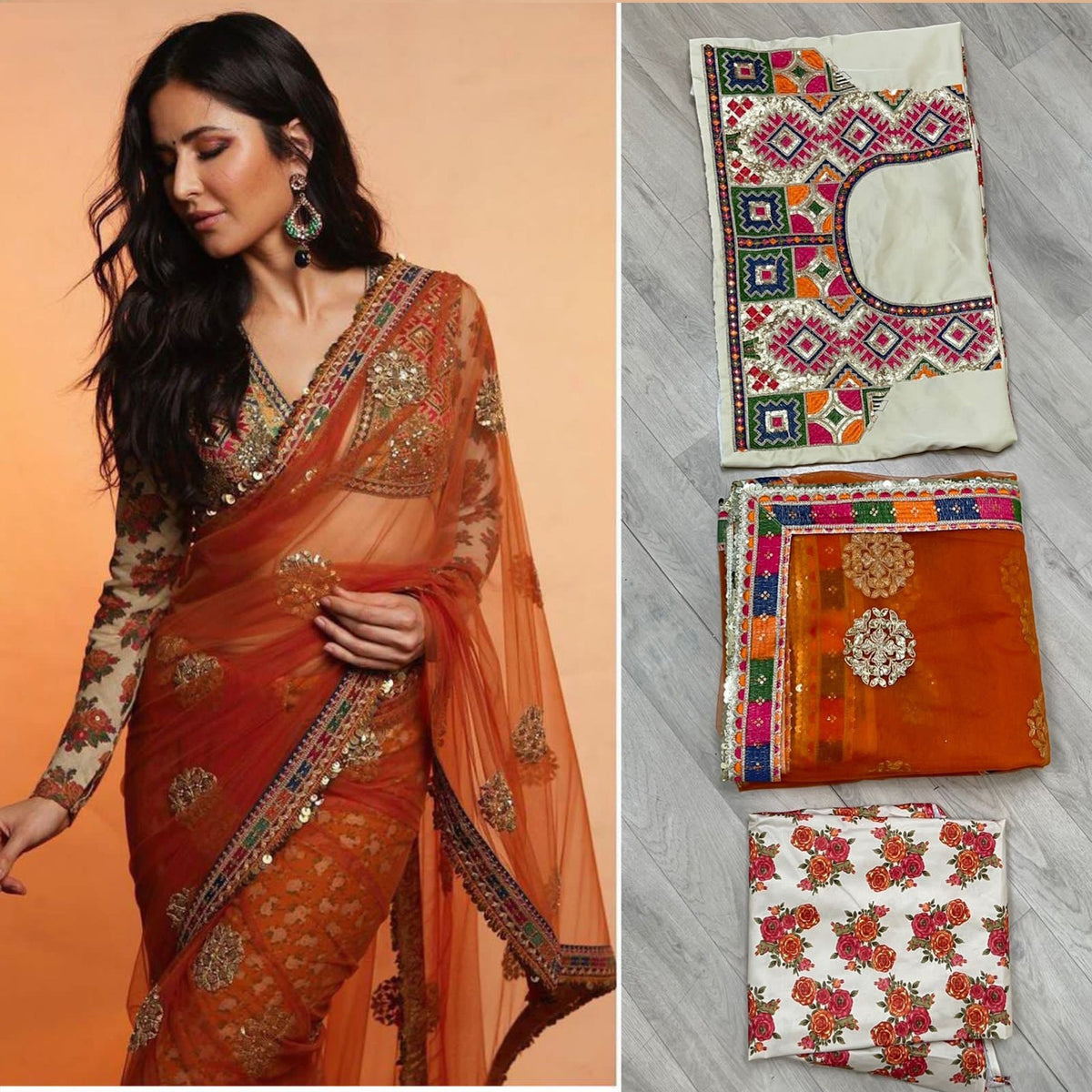 Shopesy Orange Saree in Net with Sequence Work with Printed Petticoat