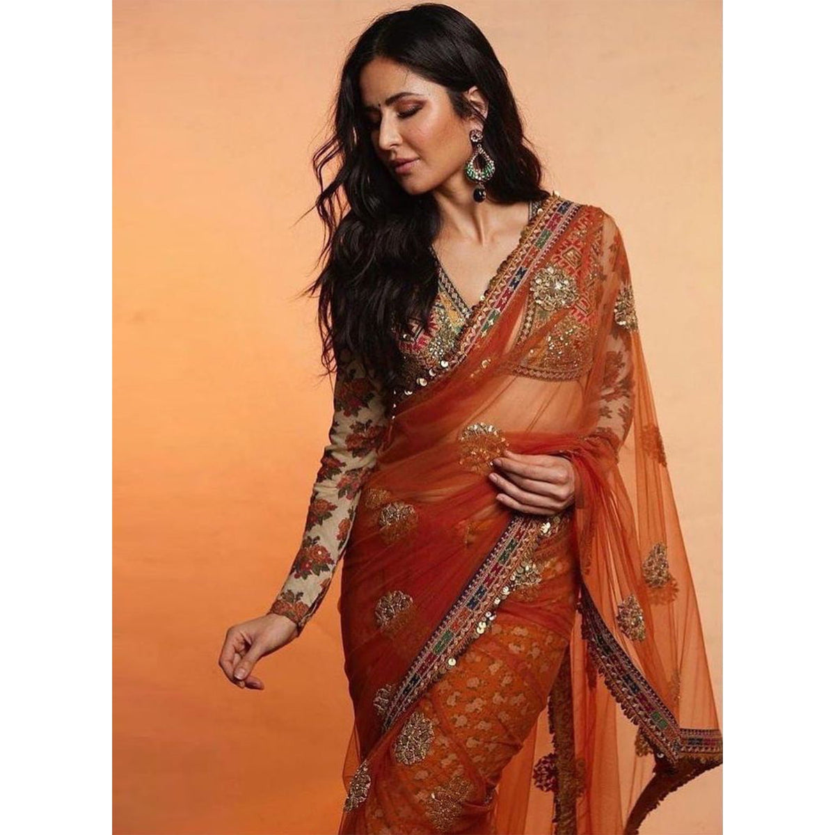 Shopesy Orange Saree in Net with Sequence Work with Printed Petticoat