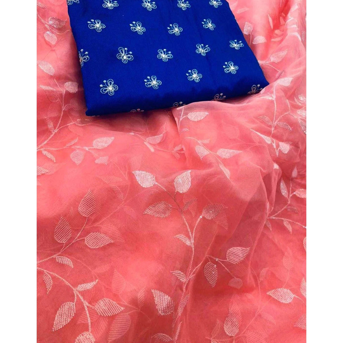 Shopesy Malai Organza Silk Saree with Beautiful Flower Sequence Work and Blouse with Butterfly Embroidery for Wedding
