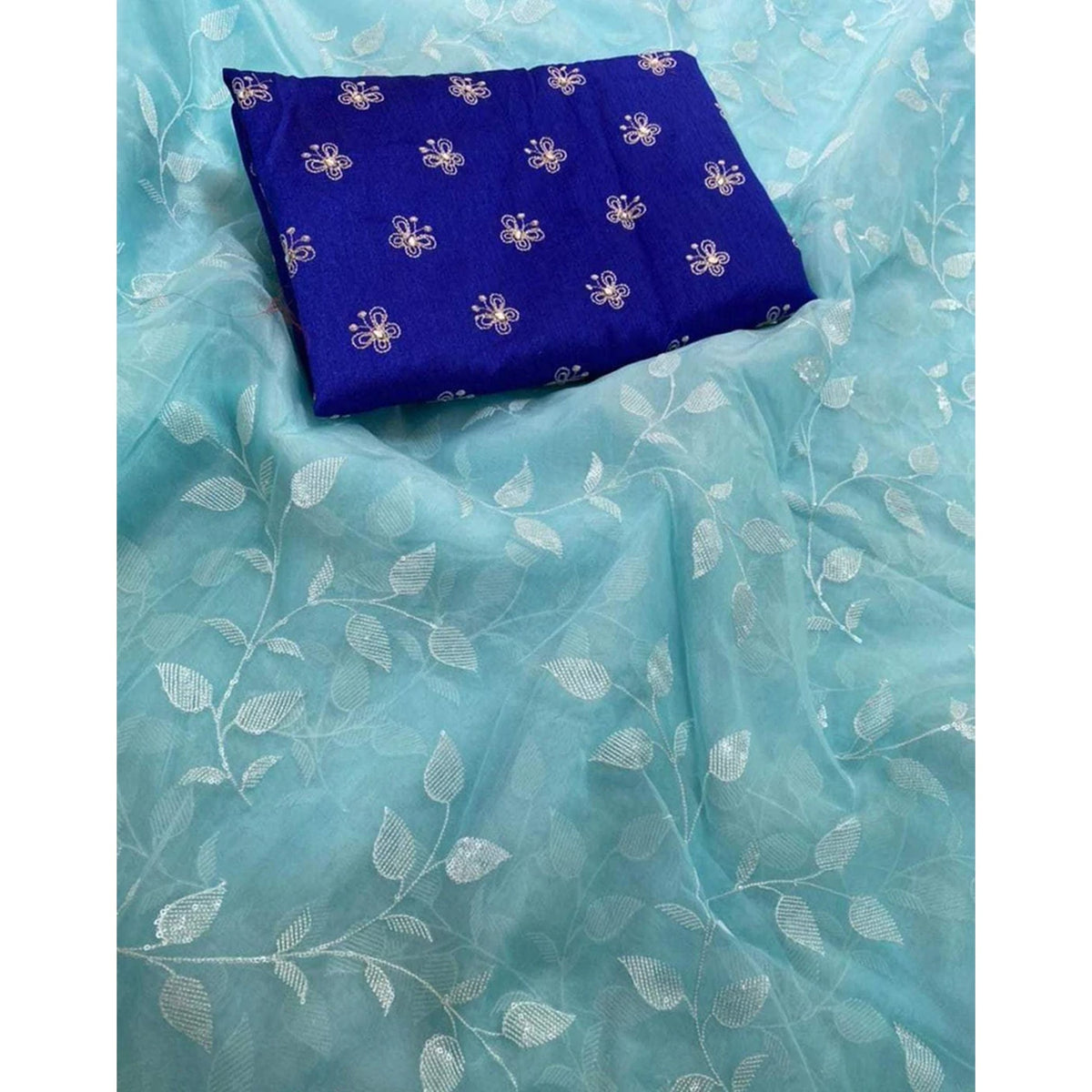 Shopesy Malai Organza Silk Saree with Beautiful Flower Sequence Work and Blouse with Butterfly Embroidery for Wedding