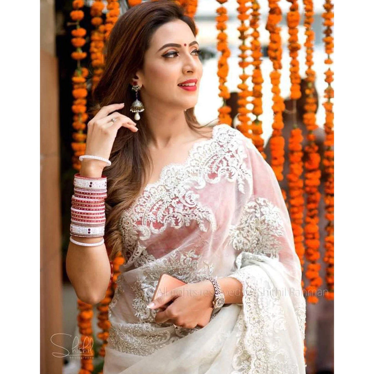 Shopesy Malai Organza Silk Saree with Beautiful Lucknowi Embroidery Work and Silk Blouse for Wedding