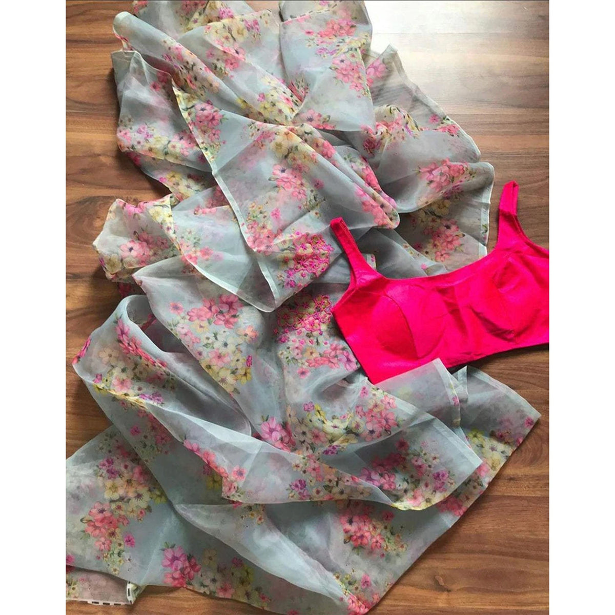 Shopesy Malai Silk Saree with Digital Floral Print and Handwork