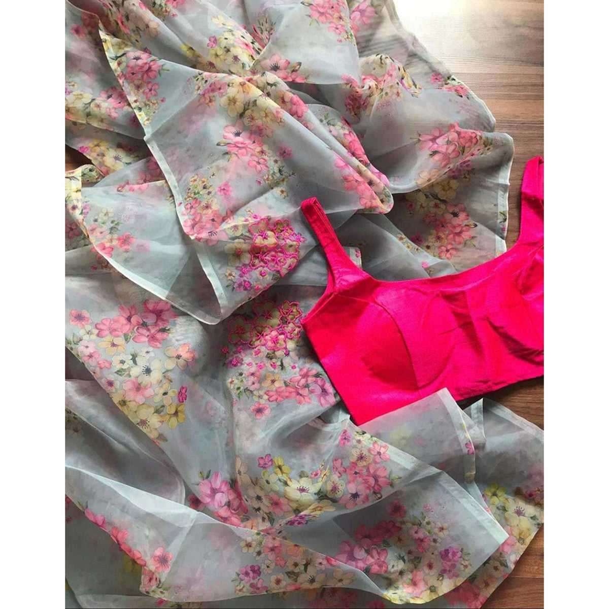 Shopesy Malai Silk Saree with Digital Floral Print and Handwork