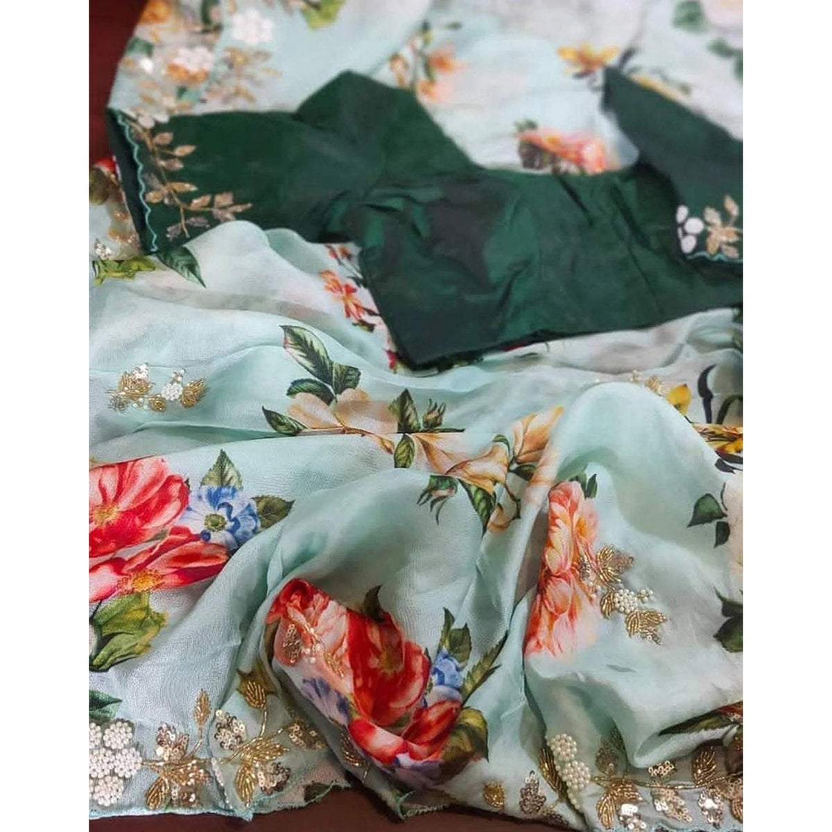 Shopesy Malai Silk Saree with Hand Paint and Handi Crafted Khatli and Pearl Work with Handwork Sleeves Blouse