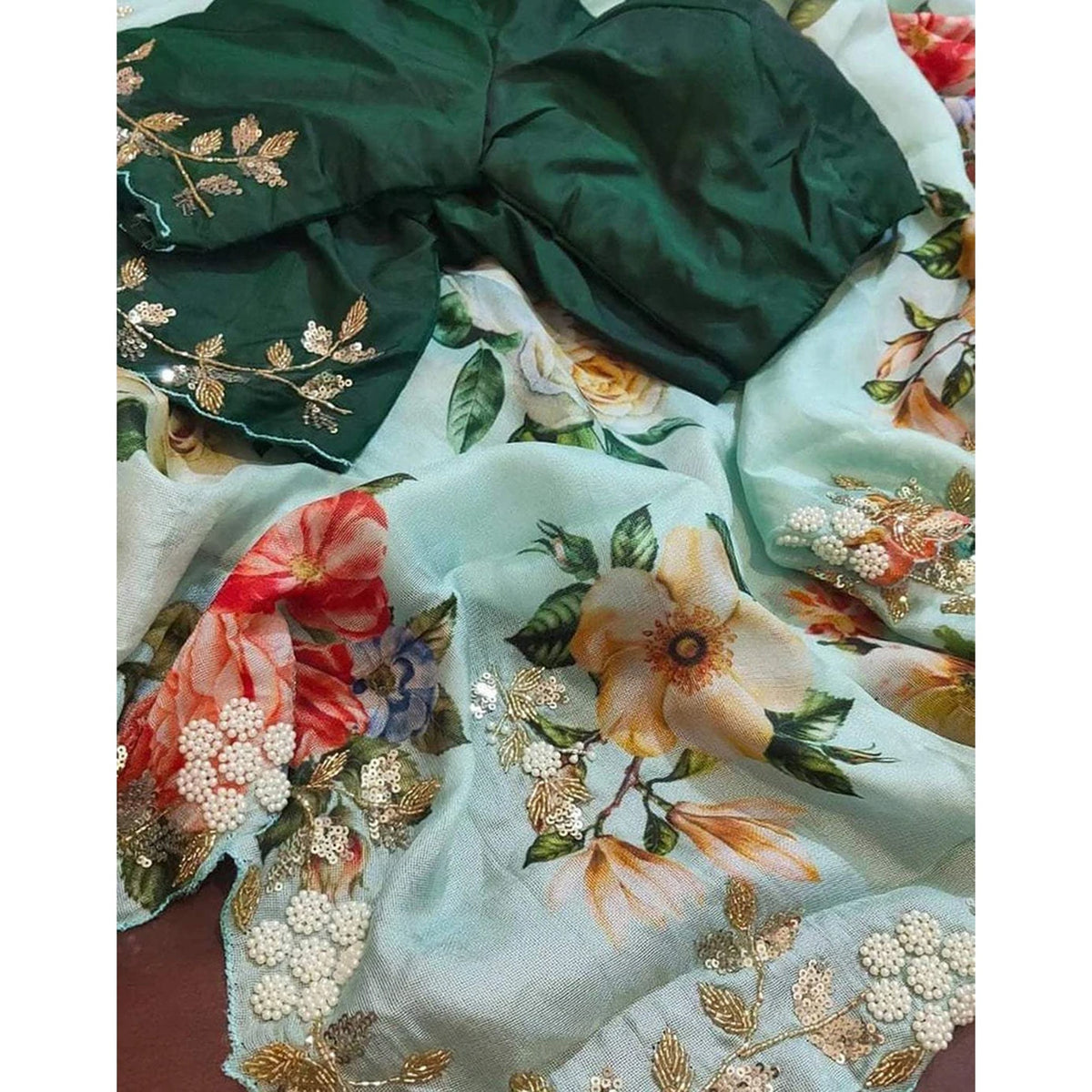 Shopesy Malai Silk Saree with Hand Paint and Handi Crafted Khatli and Pearl Work with Handwork Sleeves Blouse
