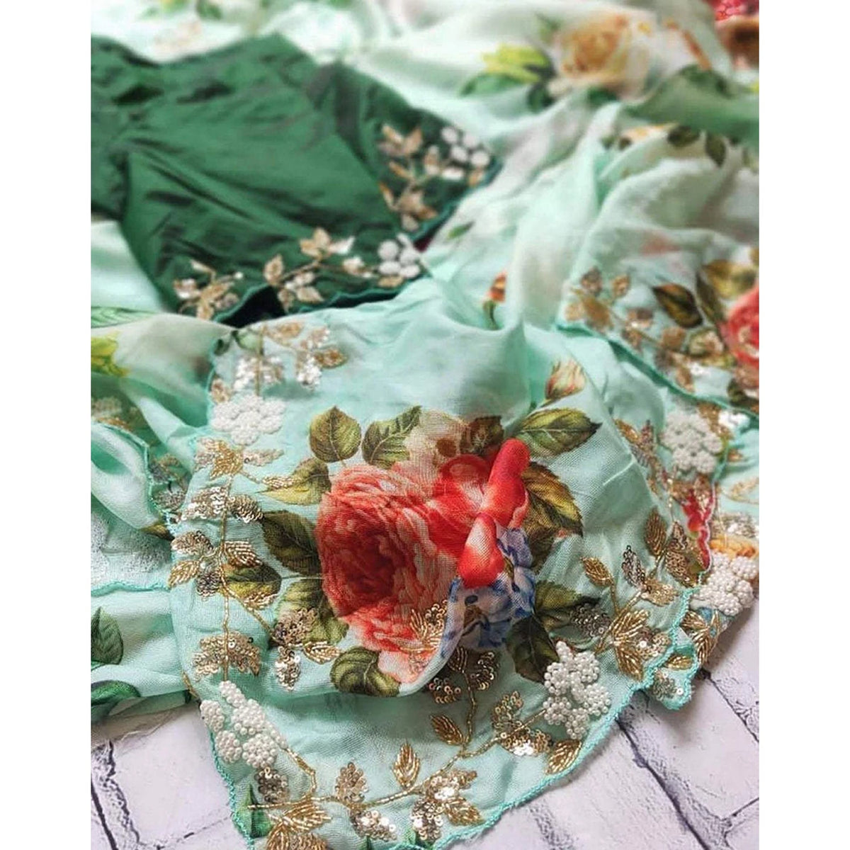 Shopesy Malai Silk Saree with Hand Paint and Handi Crafted Khatli and Pearl Work with Handwork Sleeves Blouse