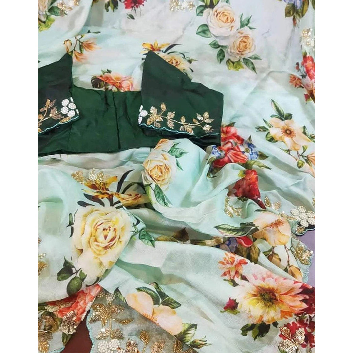 Shopesy Malai Silk Saree with Hand Paint and Handi Crafted Khatli and Pearl Work with Handwork Sleeves Blouse