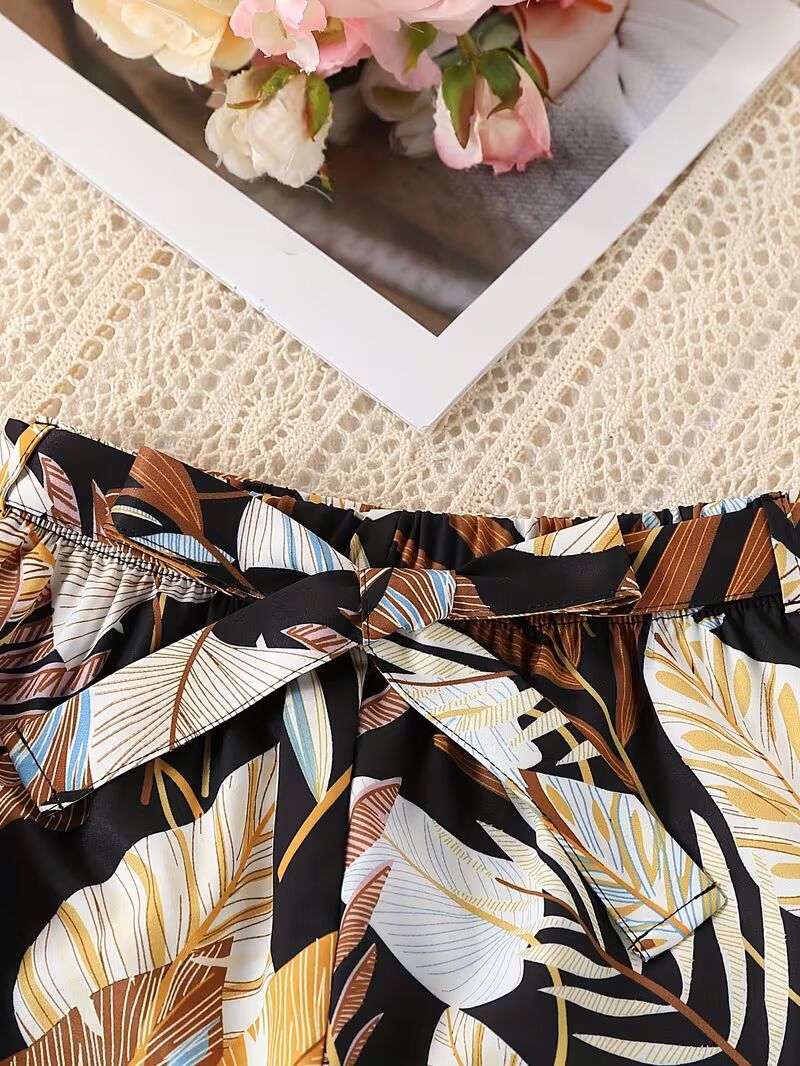 Shopesy Girls Black Ribbed Sleeveless Crop Top & Tropical Leaf Print Pants Set