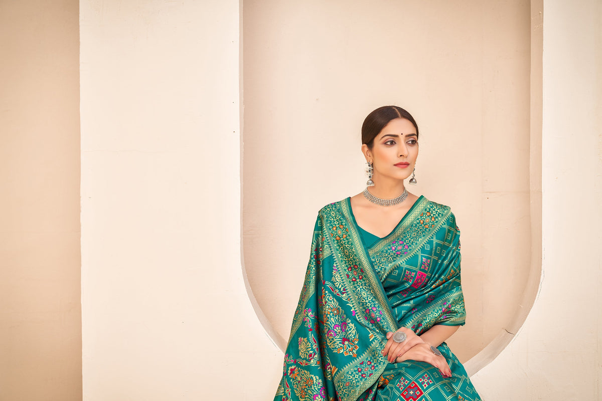 Shopesy Amazing Banarasi Silk Fabric Teal Green Color Silk Weave Saree