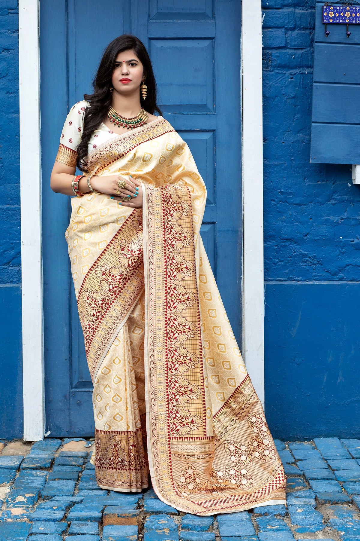 Shopesy Arresting Off-White Colored Festive Wear Woven Banarasi Silk Saree