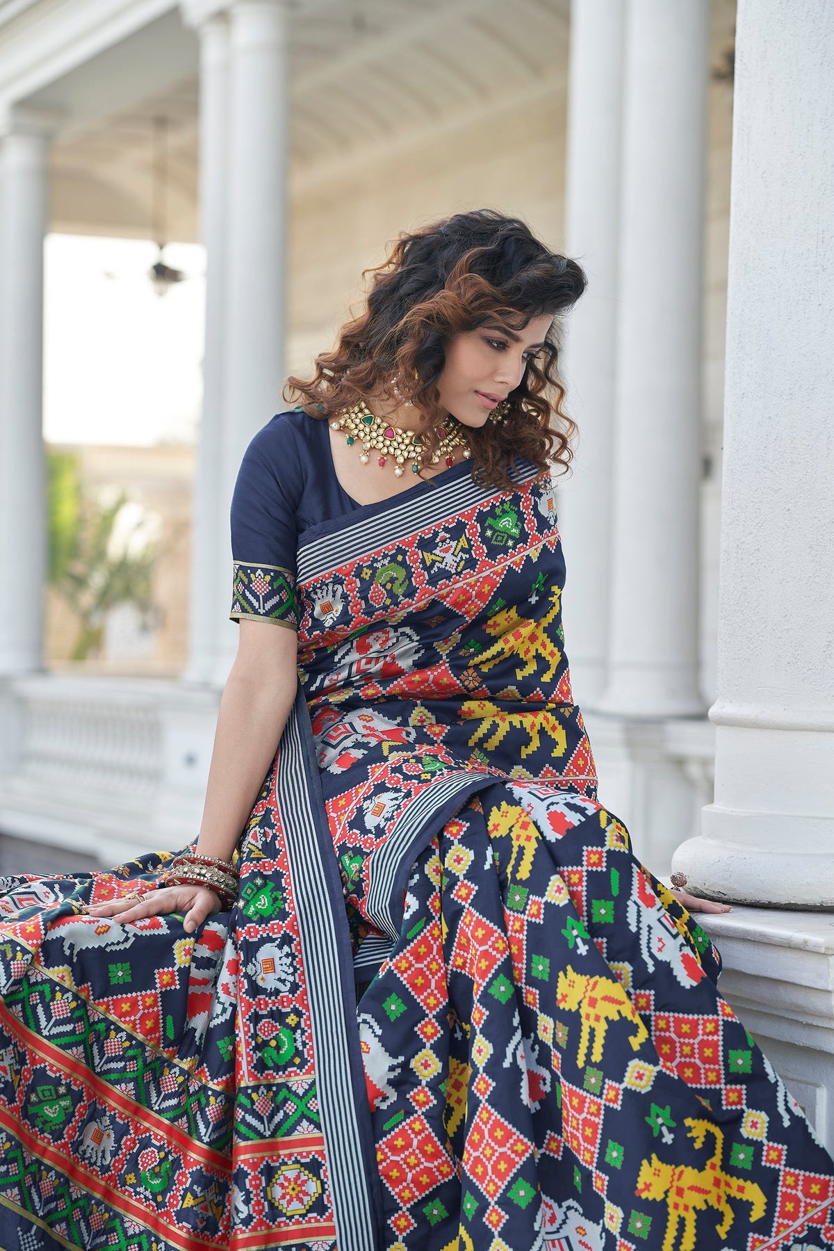 Shopesy Beautiful Weaving Work Sangeet Wear Navy Blue Color Patola Style Saree In Art Silk Fabric