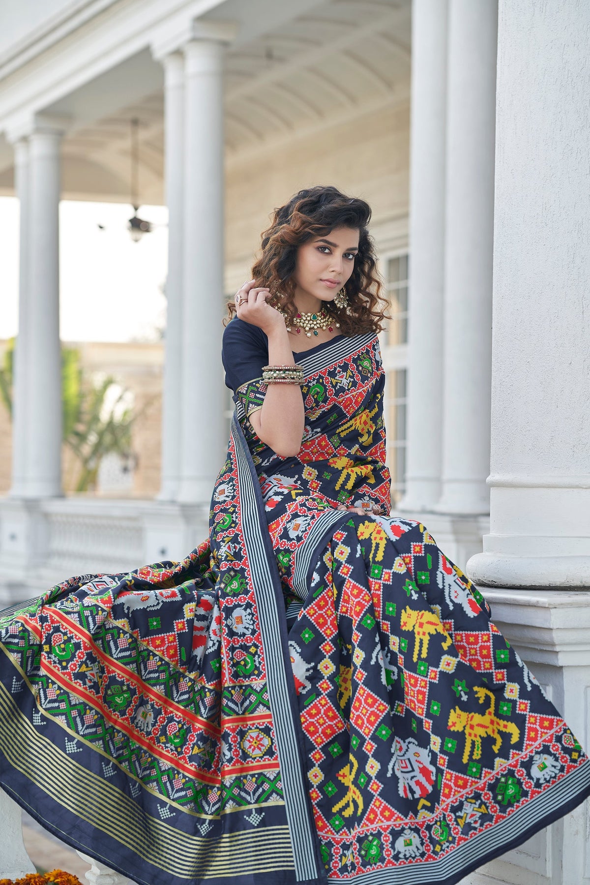 Shopesy Beautiful Weaving Work Sangeet Wear Navy Blue Color Patola Style Saree In Art Silk Fabric