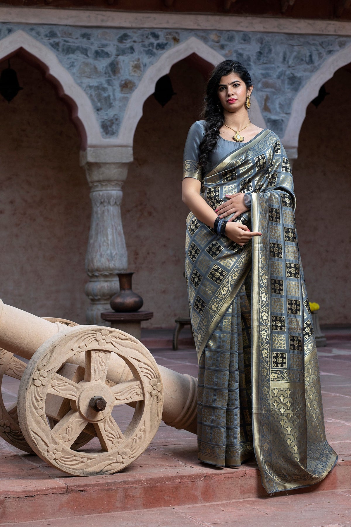 Shopesy Captivating Grey Colored Festive Wear Woven Banarasi Silk Saree