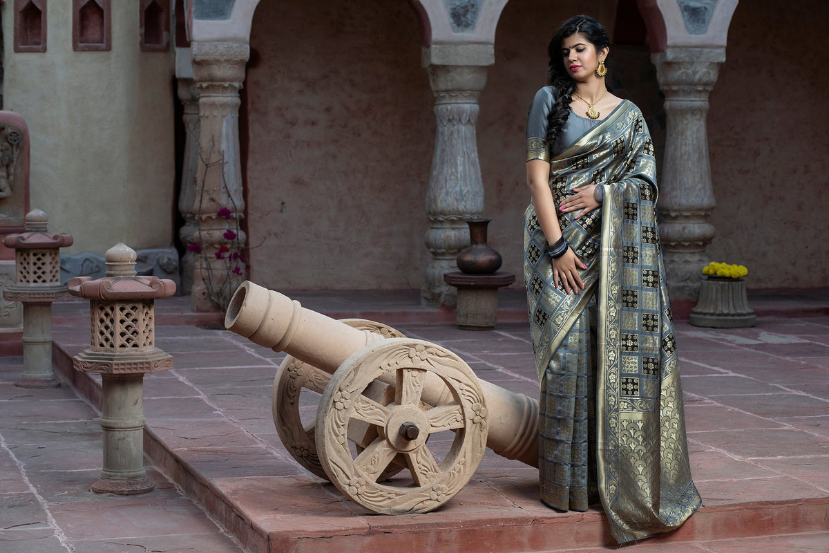 Shopesy Captivating Grey Colored Festive Wear Woven Banarasi Silk Saree