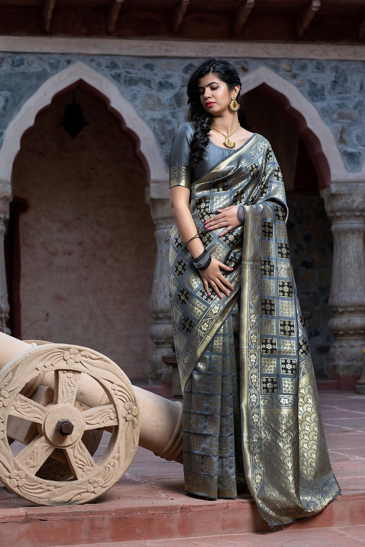Shopesy Captivating Grey Colored Festive Wear Woven Banarasi Silk Saree