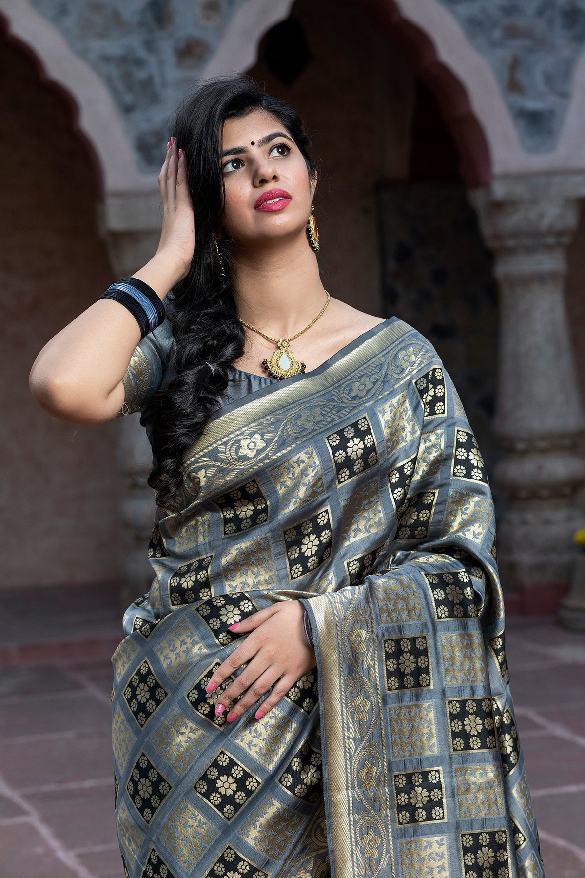 Shopesy Captivating Grey Colored Festive Wear Woven Banarasi Silk Saree