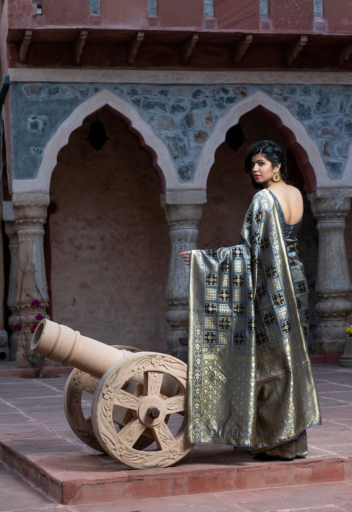 Shopesy Captivating Grey Colored Festive Wear Woven Banarasi Silk Saree