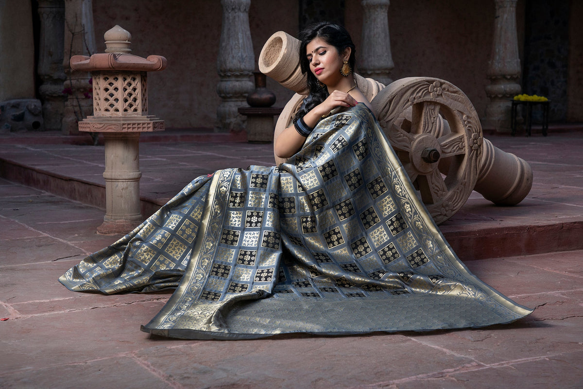 Shopesy Captivating Grey Colored Festive Wear Woven Banarasi Silk Saree