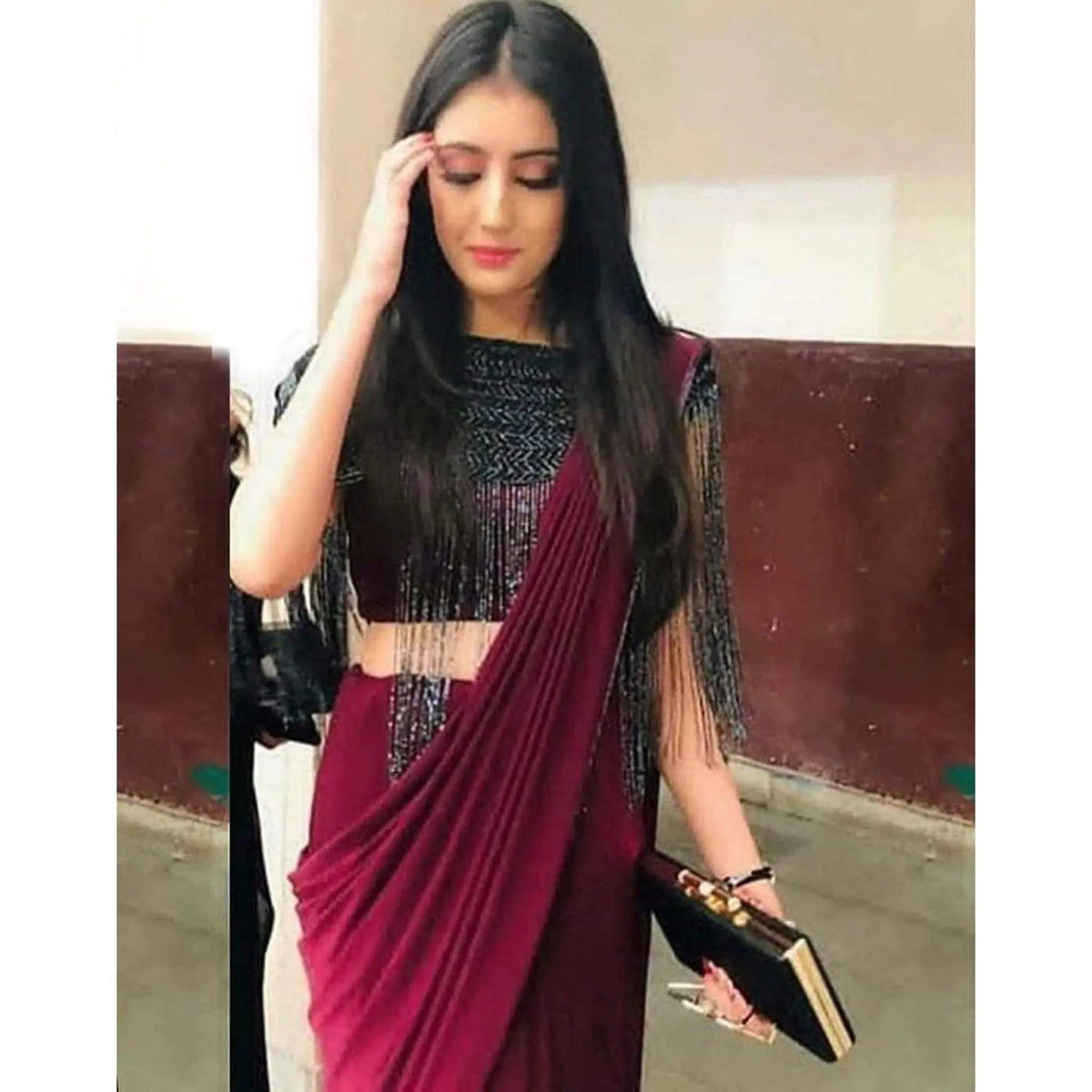 Shopesy Designer Maroon Silk Readymade Saree with Handwork Blouse Material