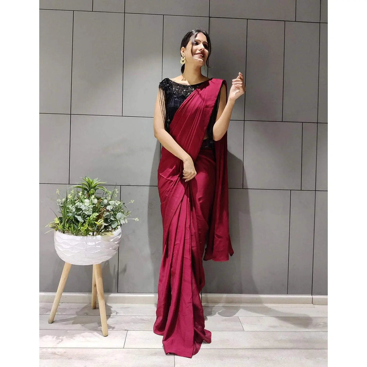 Shopesy Designer Maroon Silk Readymade Saree with Handwork Blouse Material