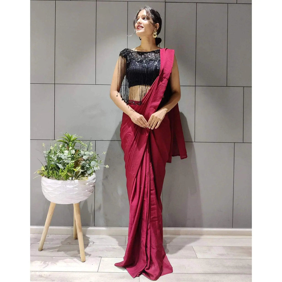 Shopesy Designer Maroon Silk Readymade Saree with Handwork Blouse Material