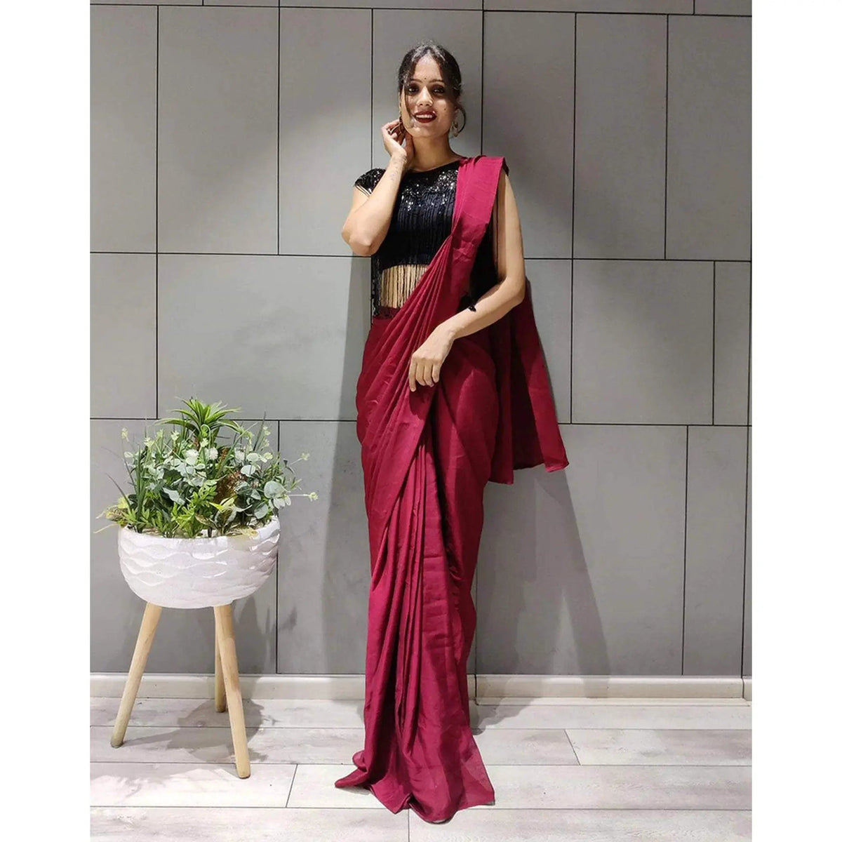 Shopesy Designer Maroon Silk Readymade Saree with Handwork Blouse Material