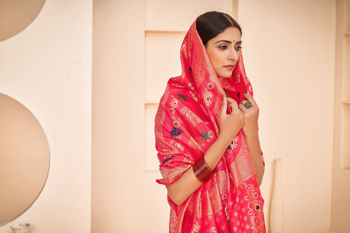 Shopesy Enthralling Pink Color Banarasi Silk Base Silk Weave Saree