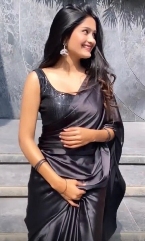 Shopesy Satin Saree in Dark Gray Color with Unstitched Sequence Blouse