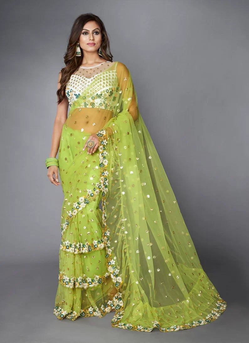 Shopesy Green Ruffle Saree with Heavy Embroidery Work for Wedding