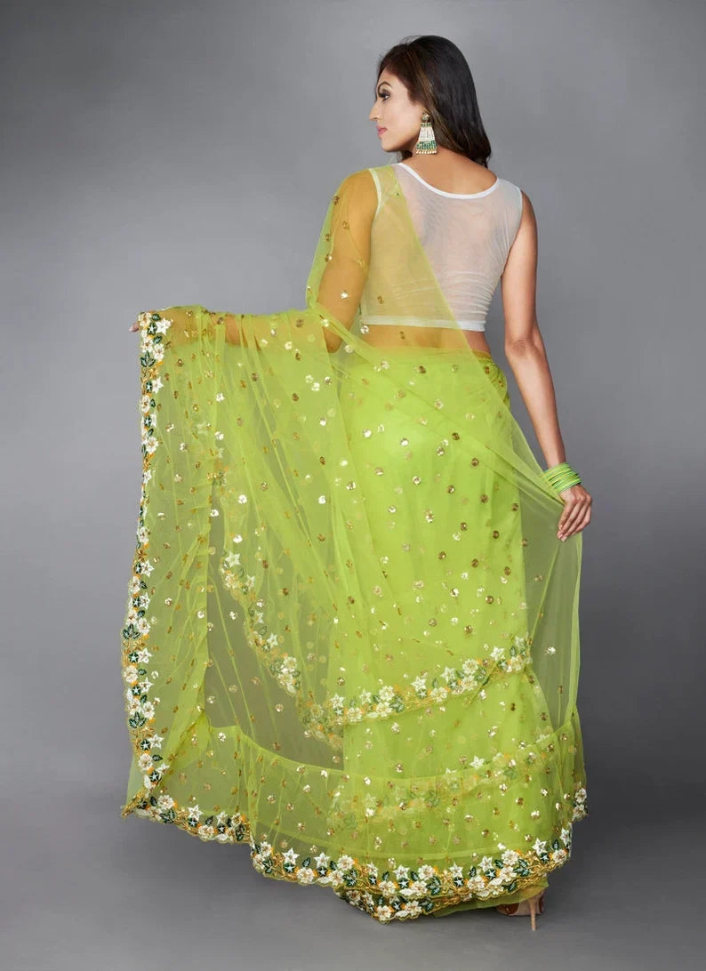Shopesy Green Ruffle Saree with Heavy Embroidery Work for Wedding