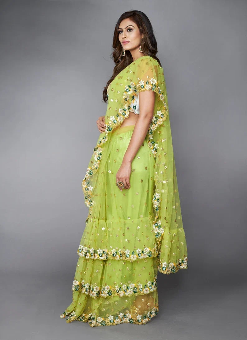 Shopesy Green Ruffle Saree with Heavy Embroidery Work for Wedding