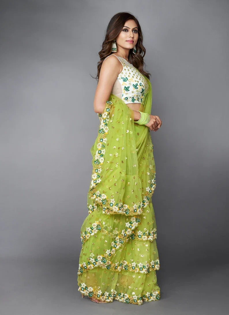 Shopesy Green Ruffle Saree with Heavy Embroidery Work for Wedding