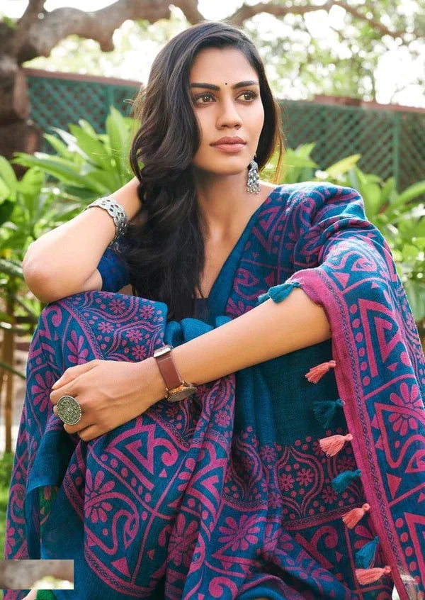 Shopesy Blue and Purple Linen Printed Saree