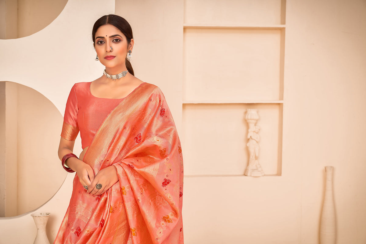 Shopesy Peach Festive Wear Banarasi With Patola Woven Banarasi Silk Saree