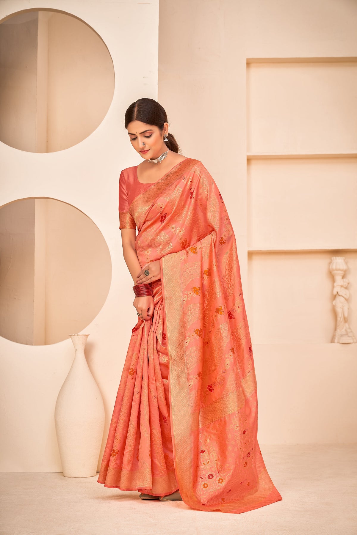 Shopesy Peach Festive Wear Banarasi With Patola Woven Banarasi Silk Saree
