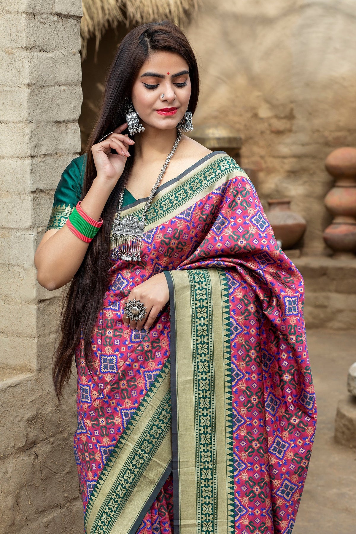 Shopesy Pink-Green Weaving Banarasi Silk Bridal Wear Saree